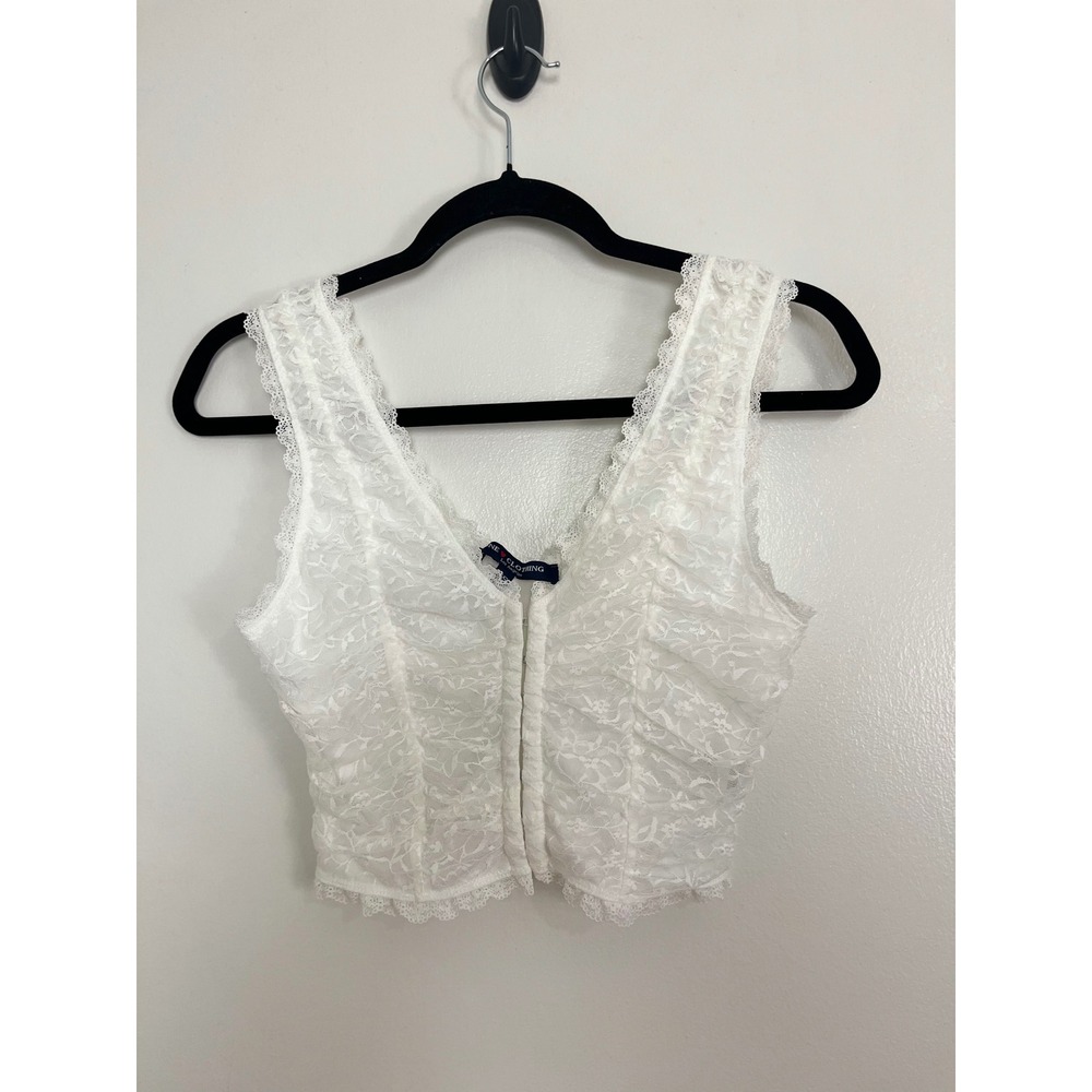 Y2K Coquette Lace Corset Top Women XS White Hook Eye Scalloped Crop Whimsy